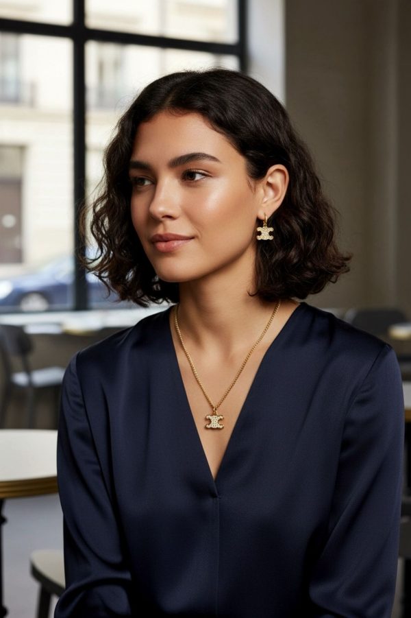 First Copy Celine Triomphe Rhinestone Necklace & Earring GOLD Finish WITH Crystals view 1
