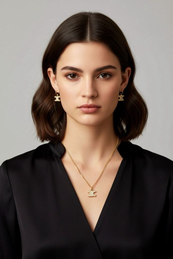 First Copy Celine Triomphe Rhinestone Necklace & Earring GOLD Finish WITH Crystals view 2