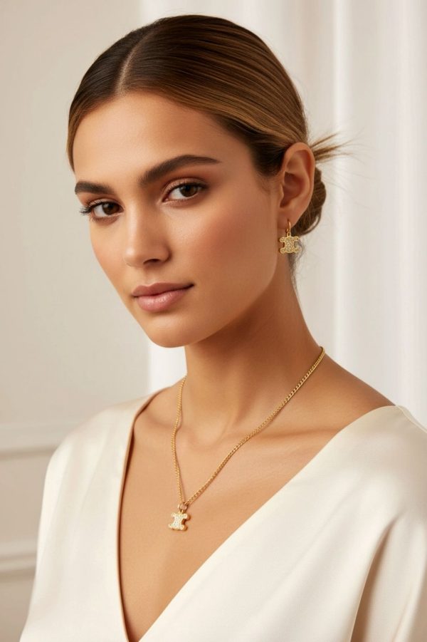 First Copy Celine Triomphe Rhinestone Necklace & Earring GOLD Finish WITH Crystals view 3
