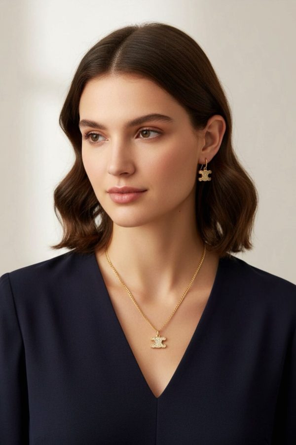 First Copy Celine Triomphe Rhinestone Necklace & Earring GOLD Finish WITH Crystals view 4