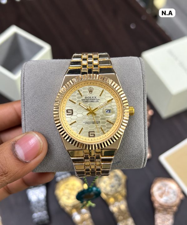 First Copy Elegant Rolex- Land Dweller Inspired Wristwatch Featuring Gold Design With A Fluted Bezel, Stylish Jubilee Bracelet view 4