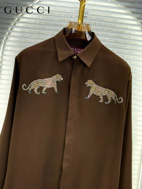 First Copy This GUCCI Shirt Combines Style And Comfort, Making It Perfect For Leisurely PARTY WEAR, Relaxing Days. Made From KOREAN FABRIC , It Features Full Sleeves HEAVY HAND PAINT WITH SEQUENCE WORK. view 4