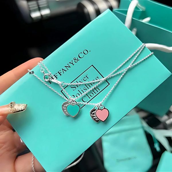 First Copy TIFFANY BLUE N PINK DOUBLE HEART TAG PENDANT view 3